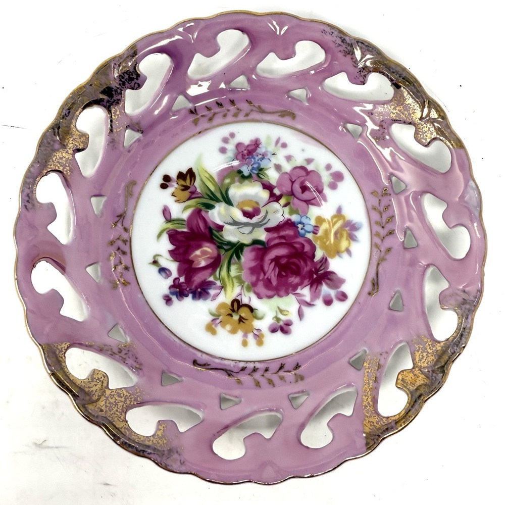 Vintage Del Coronado Nasco Tea Cup Saucer Roses Reticulated‎ Pierced Rim Gold